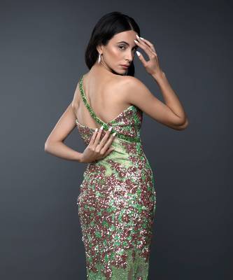 Bright Green One Shoulder Sequin Ankle Length Dress 5