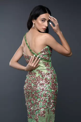 Bright Green One Shoulder Sequin Ankle Length Dress