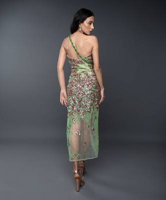 Bright Green One Shoulder Sequin Ankle Length Dress 6