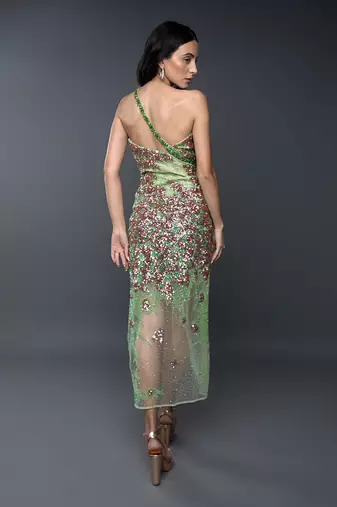 Bright Green One Shoulder Sequin Ankle Length Dress