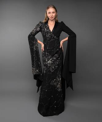 Black Blazer Gown With Waterfall Sleeve & Metallic Silver Embroidery 1