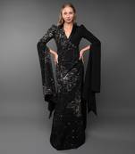 Black Blazer Gown With Waterfall Sleeve & Metallic Silver Embroidery