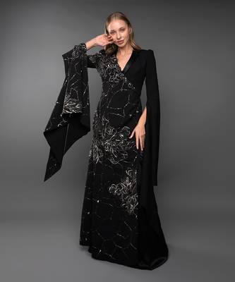 Black Blazer Gown With Waterfall Sleeve & Metallic Silver Embroidery 2