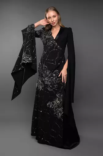 Black Blazer Gown With Waterfall Sleeve & Metallic Silver Embroidery