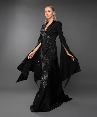 Black Blazer Gown With Waterfall Sleeve & Metallic Silver Embroidery 3