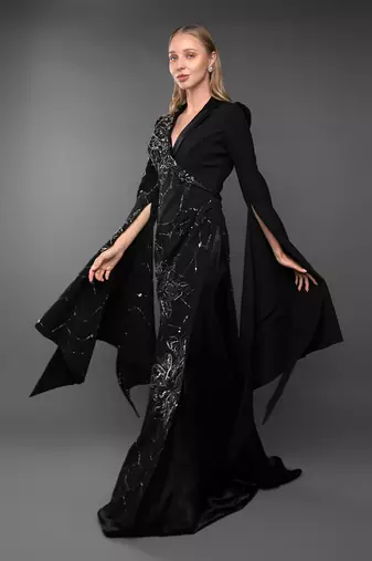 Black Blazer Gown With Waterfall Sleeve & Metallic Silver Embroidery