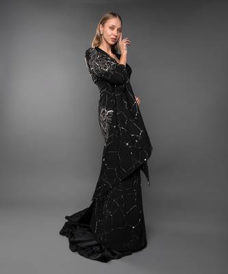 Black Blazer Gown With Waterfall Sleeve & Metallic Silver Embroidery 4