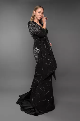 Black Blazer Gown With Waterfall Sleeve & Metallic Silver Embroidery
