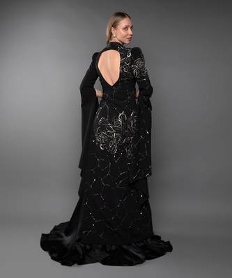 Black Blazer Gown With Waterfall Sleeve & Metallic Silver Embroidery 5