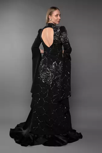 Black Blazer Gown With Waterfall Sleeve & Metallic Silver Embroidery