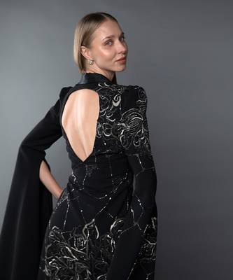 Black Blazer Gown With Waterfall Sleeve & Metallic Silver Embroidery 6