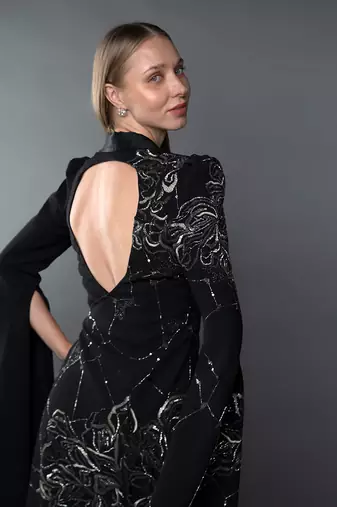 Black Blazer Gown With Waterfall Sleeve & Metallic Silver Embroidery