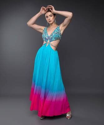 Blue & Pink Embroidered Body Cut Ombre Georgette Gown 1