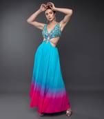 Blue & Pink Embroidered Body Cut Ombre Georgette Gown