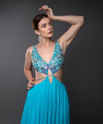 Blue & Pink Embroidered Body Cut Ombre Georgette Gown 2