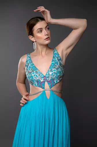 Blue & Pink Embroidered Body Cut Ombre Georgette Gown