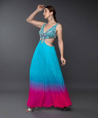 Blue & Pink Embroidered Body Cut Ombre Georgette Gown 3