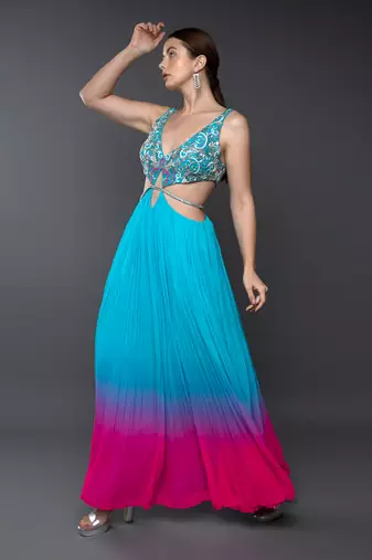 Blue & Pink Embroidered Body Cut Ombre Georgette Gown