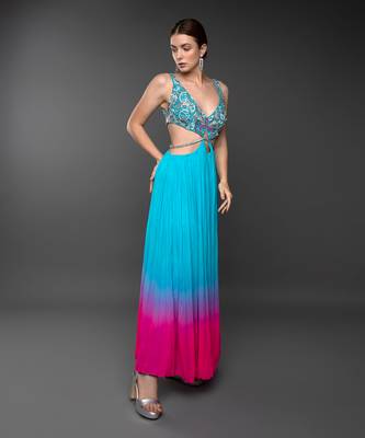 Blue & Pink Embroidered Body Cut Ombre Georgette Gown 4