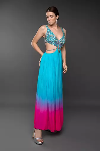 Blue & Pink Embroidered Body Cut Ombre Georgette Gown