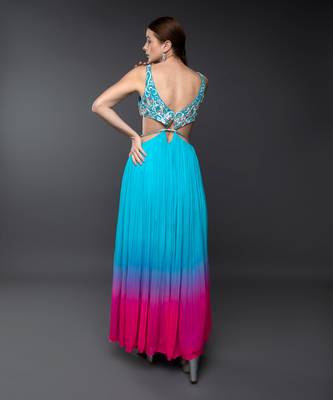 Blue & Pink Embroidered Body Cut Ombre Georgette Gown 5