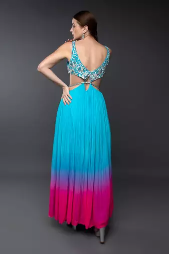 Blue & Pink Embroidered Body Cut Ombre Georgette Gown