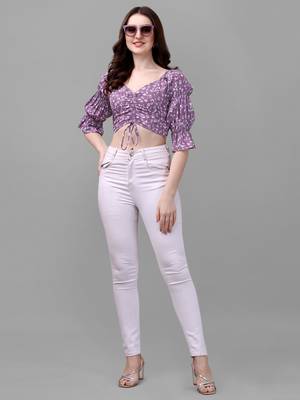 Purple printed georgette crop-tops 5
