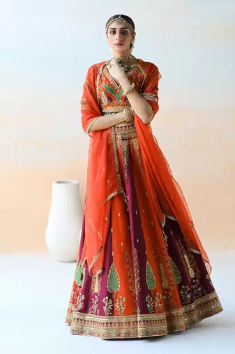 Fire Orange & Burgundy Lehenga Set