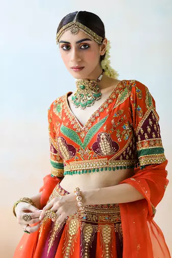 Fire Orange & Burgundy Lehenga Set