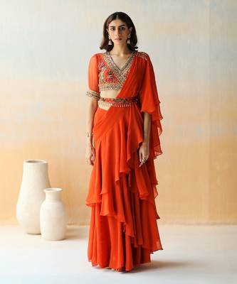 Fire Orange Pre-Draped Saree Set 1