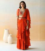 Fire Orange Pre-Draped Saree Set