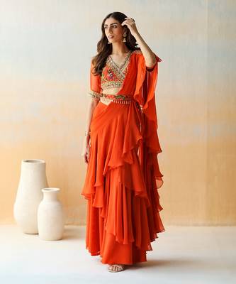 Fire Orange Pre-Draped Saree Set 2