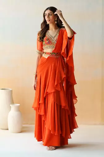 Fire Orange Pre-Draped Saree Set