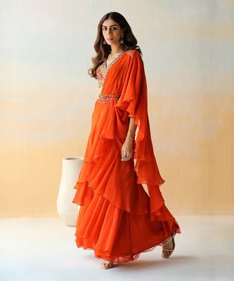 Fire Orange Pre-Draped Saree Set 3