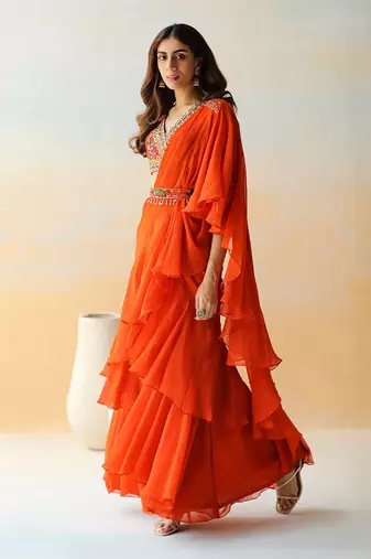 Fire Orange Pre-Draped Saree Set