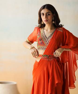 Fire Orange Pre-Draped Saree Set 4