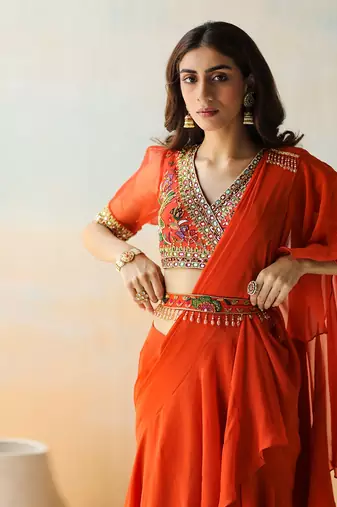 Fire Orange Pre-Draped Saree Set