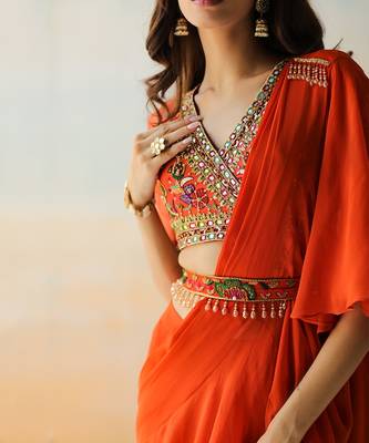Fire Orange Pre-Draped Saree Set 5