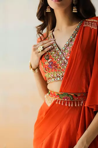 Fire Orange Pre-Draped Saree Set