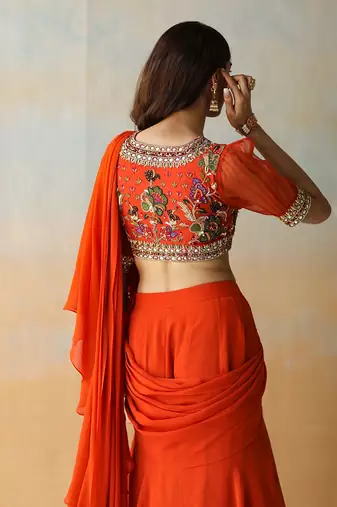 Fire Orange Pre-Draped Saree Set