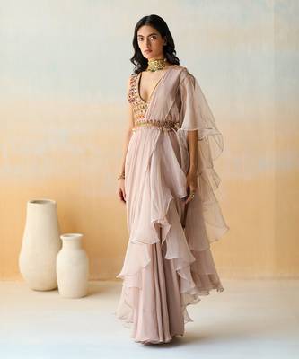 Light Beige  Pre-Draped Saree Set 1