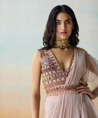 Light Beige  Pre-Draped Saree Set 2