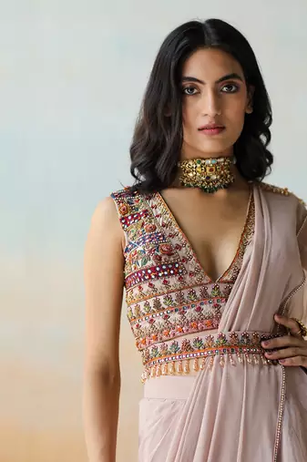Light Beige  Pre-Draped Saree Set