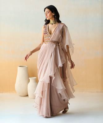 Light Beige  Pre-Draped Saree Set 3