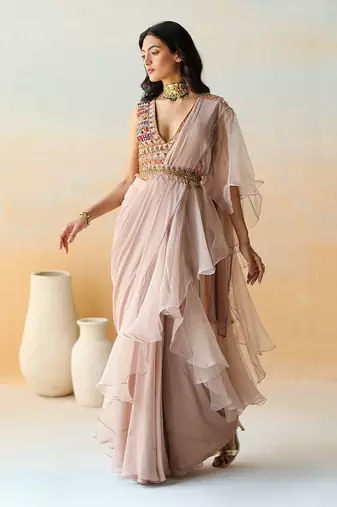 Light Beige  Pre-Draped Saree Set