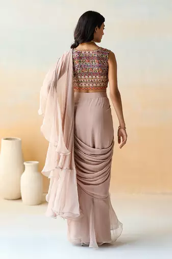 Light Beige  Pre-Draped Saree Set