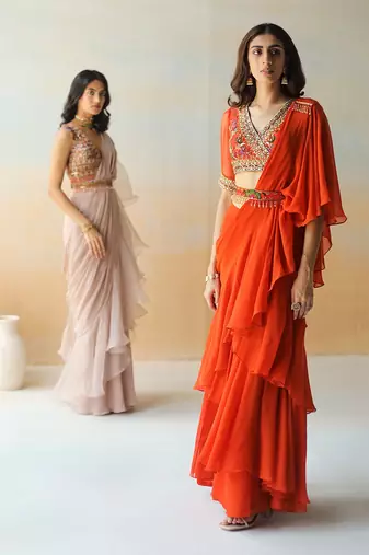 Light Beige  Pre-Draped Saree Set
