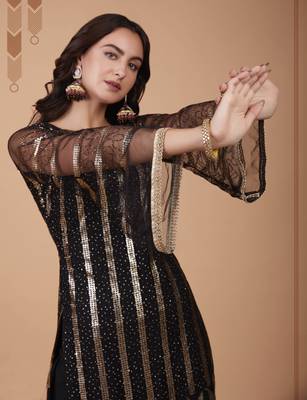 BLACK FLORAL EMBROIDERED SALWAR KAMEEZ SUIT SEMI STITCHED 2