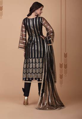BLACK FLORAL EMBROIDERED SALWAR KAMEEZ SUIT SEMI STITCHED 3