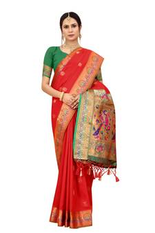 Red Woven Silk Blend Saree With Blouse